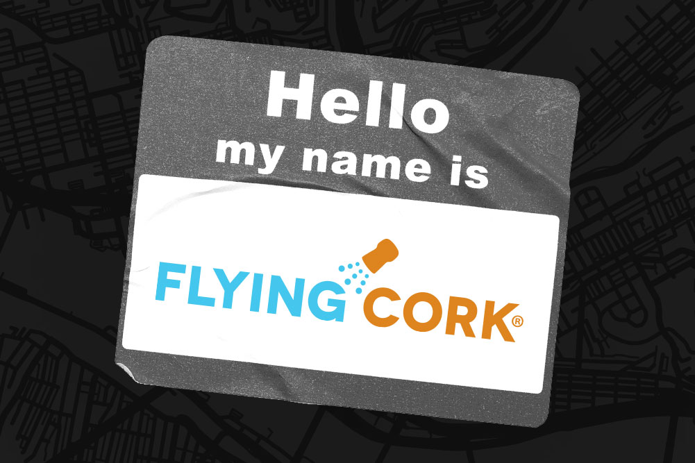 Nametag with Flying Cork logo